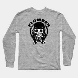 Female Plumber Skull and Wrench Black Logo Long Sleeve T-Shirt